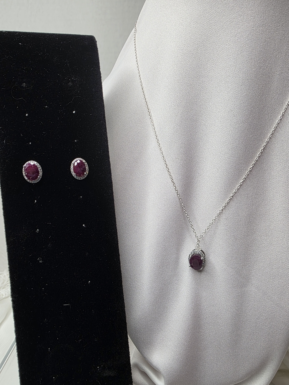 Ruby (Genuine) Vintage Sterling Silver Earrings And Necklace Set